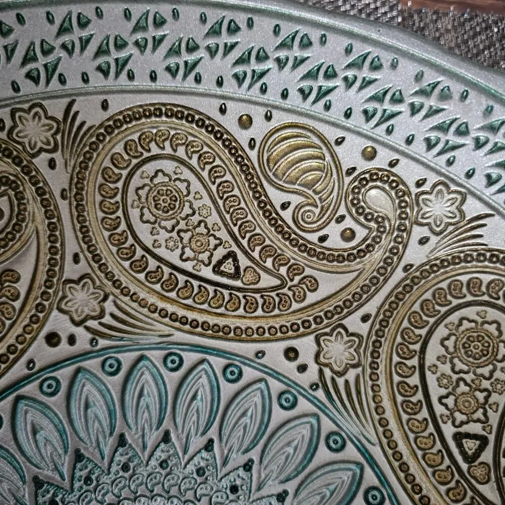 Turkish GlassLarge Bowl Paisley Design Blue and Gold / Silver back